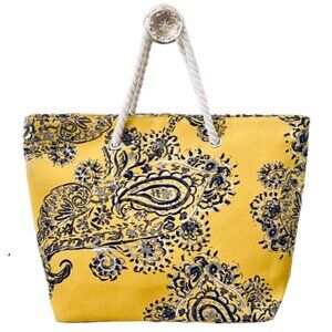 Yellow & Black Paisley Zippered Canvas Tote Bag With Rope Handles